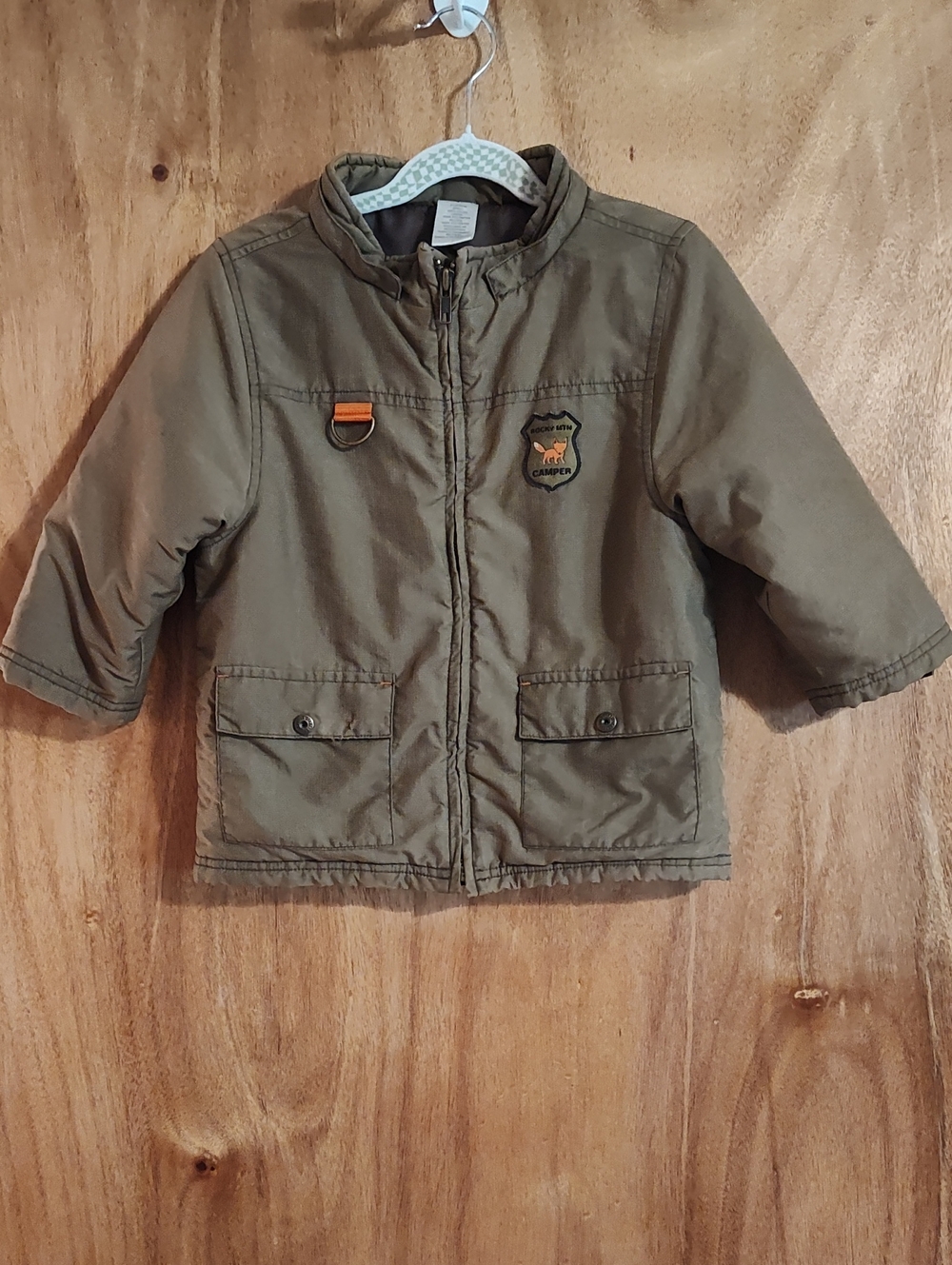 🦊Gymboree Boys Winter Coat Khaki Insulated Orange Rocky Mtn Camper Fox Badge 2T